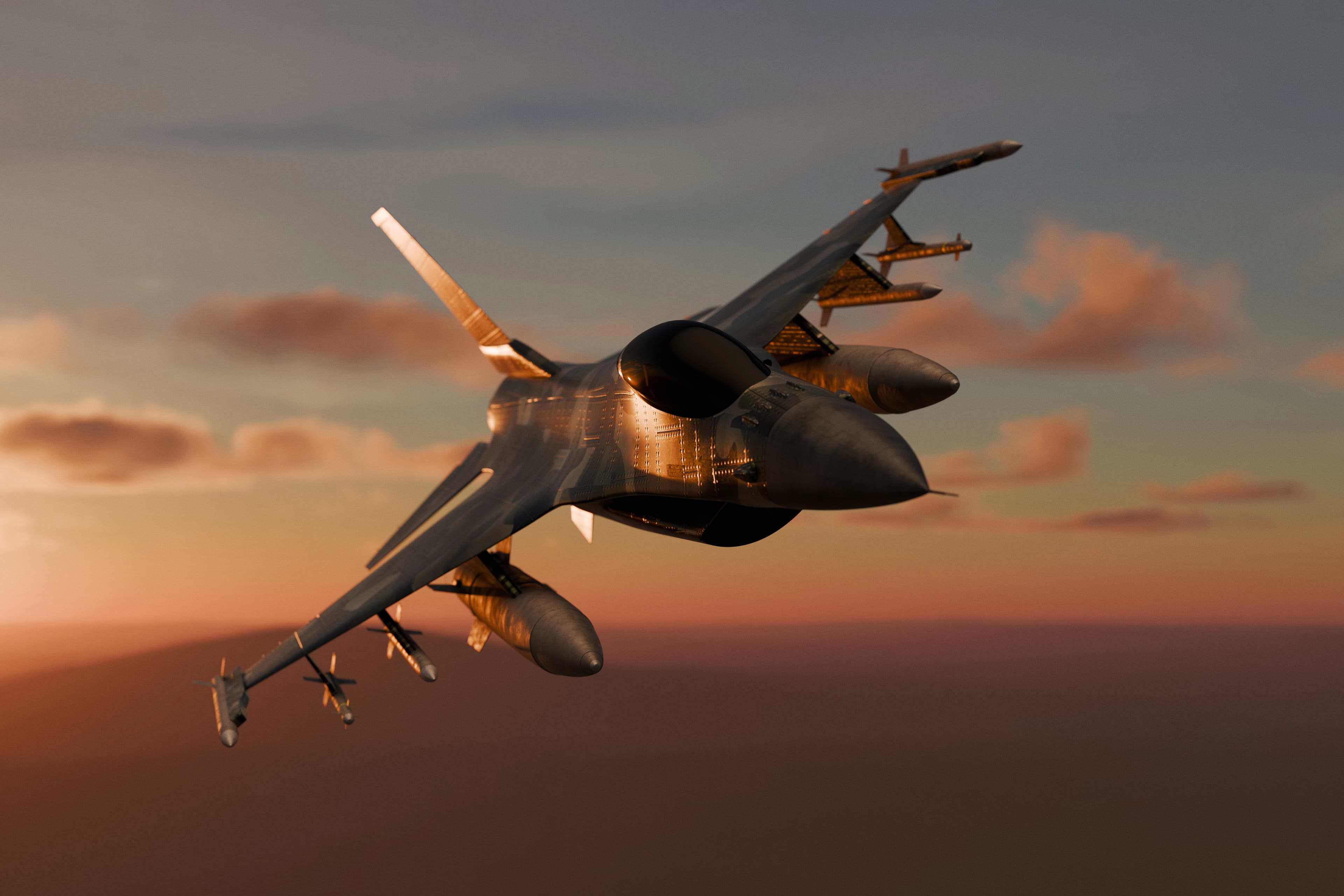 A fighter jet banking through a sunset sky